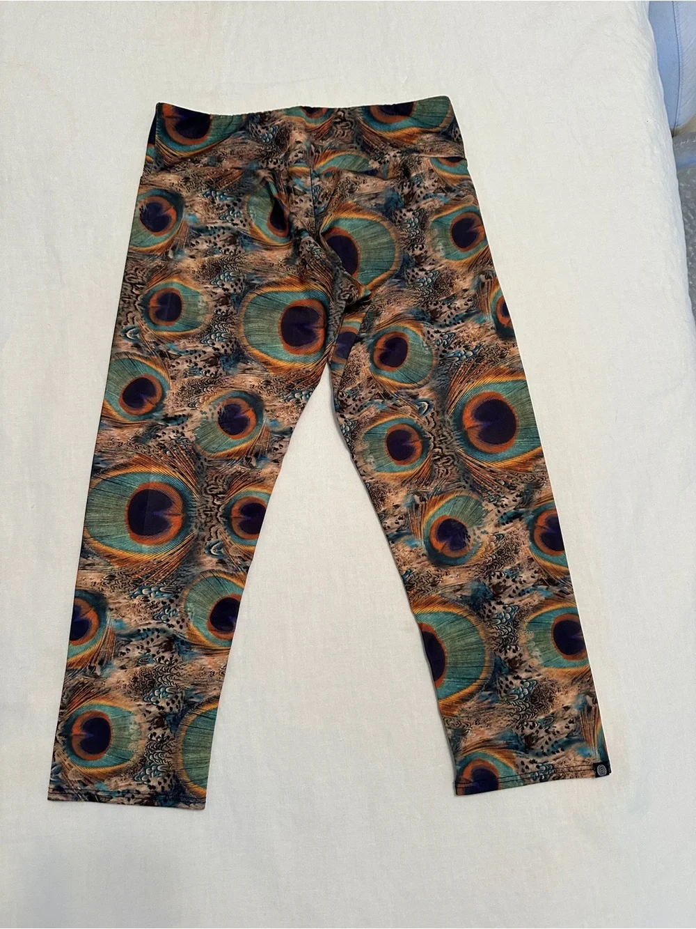 Onzie Peacock Feather Print Leggings in Teal, Gold & Navy - Picture 2 of 5